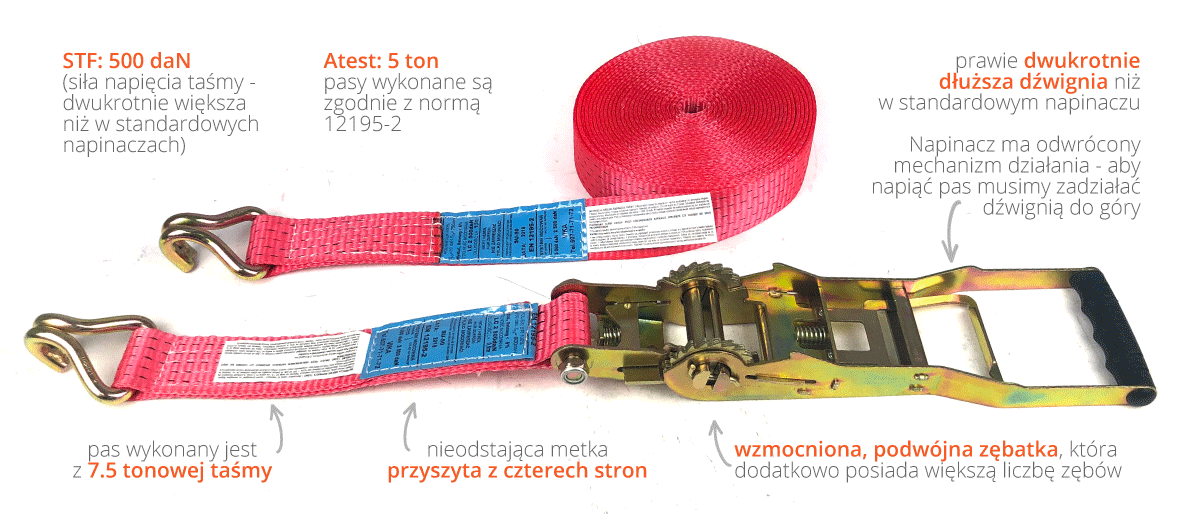 Infografika o budowie i parametrach pasa 500 daN (ERGO)